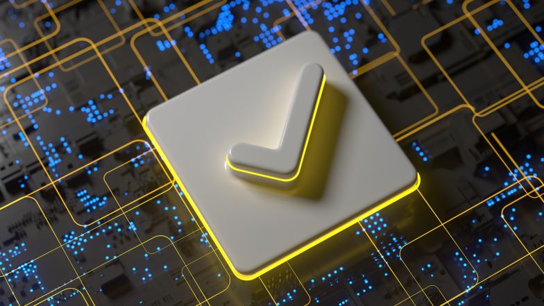 check mark button with yellow backlight over square design