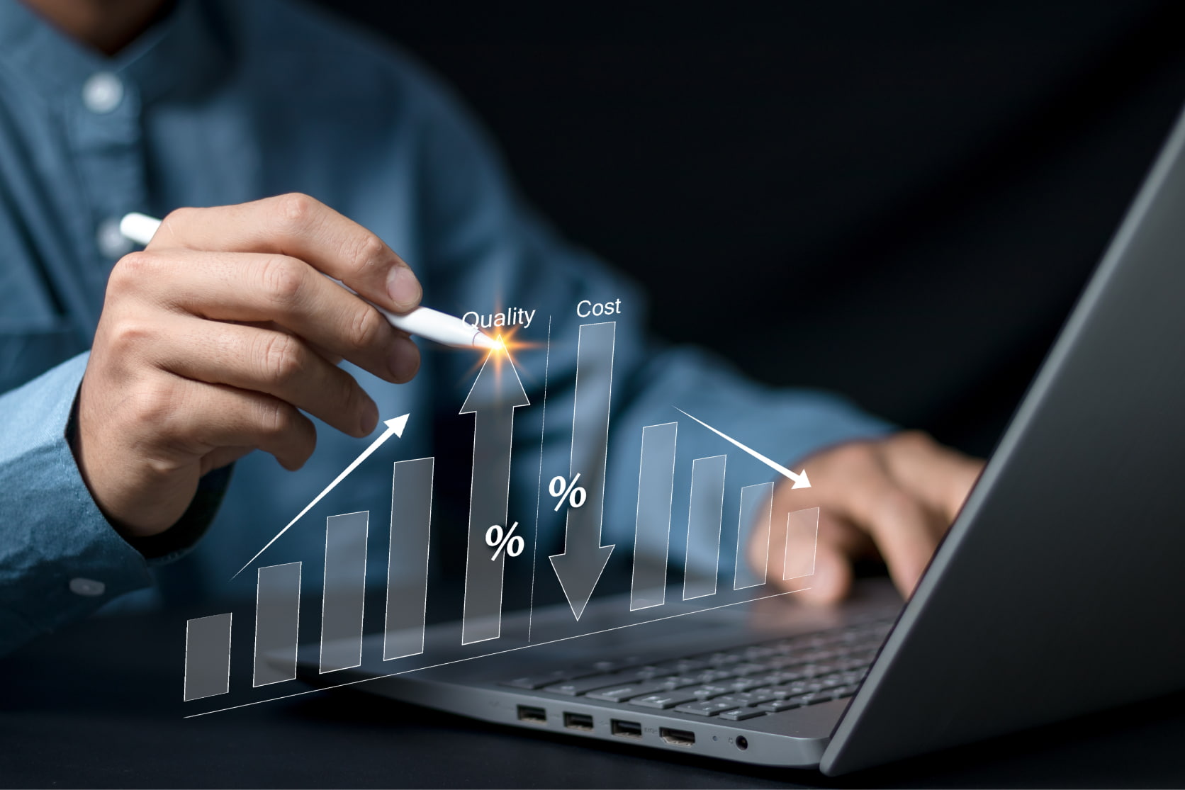 A hand showing quality and cost arrows and percentages in front of a laptop