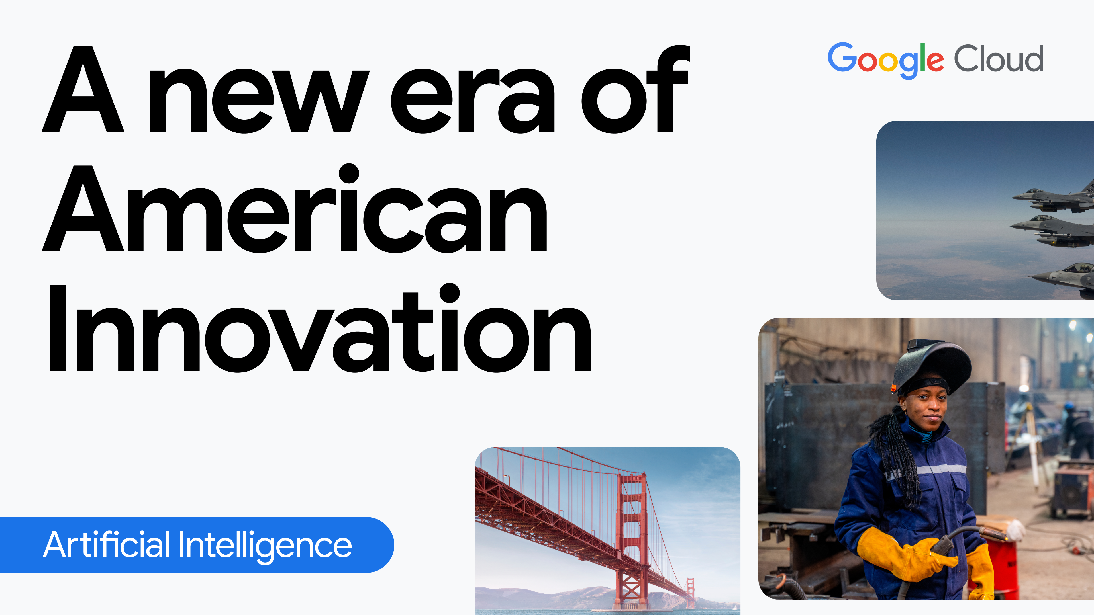 collage of images including military planes, woman with welding tools, and Golden Gate Bridge