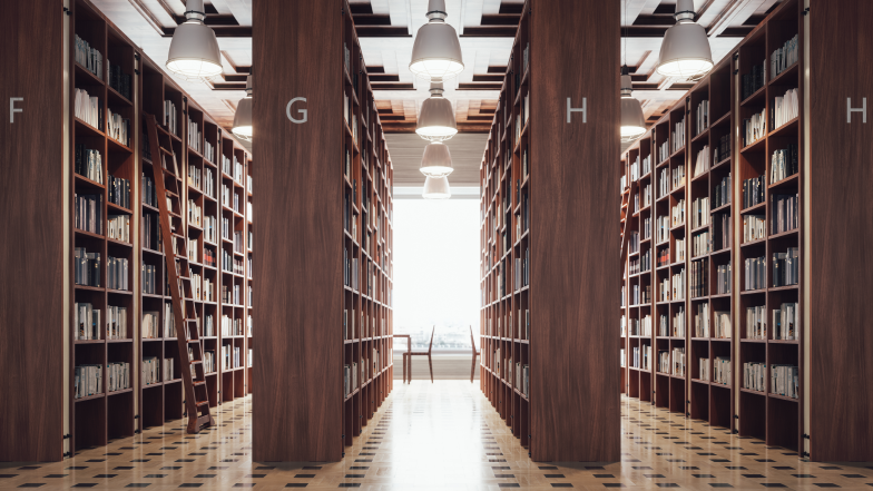 bookcases filled with books and labeled F, G, H